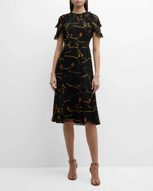 Doorbuster Deal casual midi dressFloral Crinkle Chiffon Day Dress In Black Multi