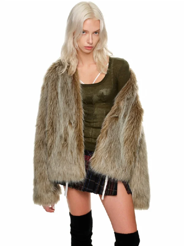 Don't Wait sporty casual jacketFaux Fox Fur Short Coat