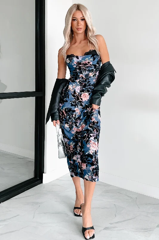 Special Price cocktail party dressCertain Stunner Velvet Burnout Floral Mesh Midi Dress (Black)