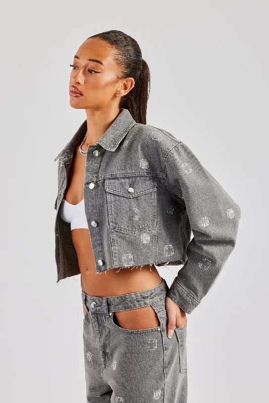 Price Break modern jacketRhinestone Motif Relaxed Denim Jacket - Washed Grey