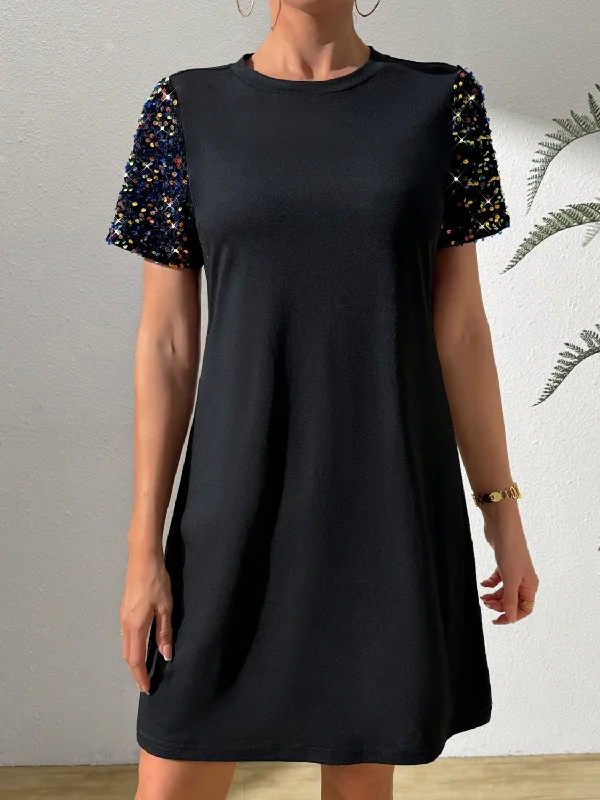 Unmissable Offer vintage dressSequin Round Neck Short Sleeve Mini Dress