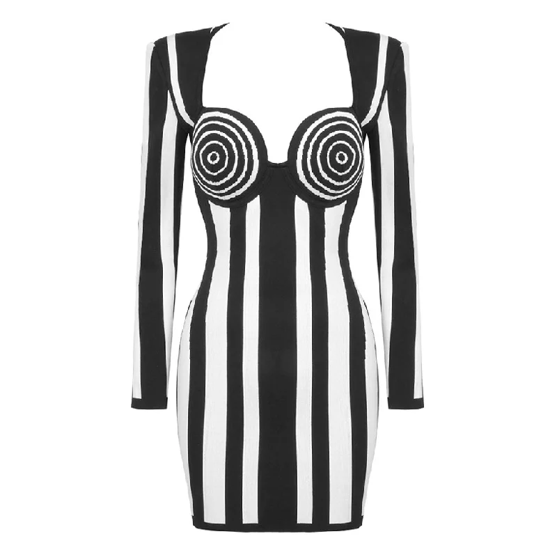 Discount Mania sophisticated dressVintage Sweetheart Long Sleeve Striped Jacquard Bandage Mini Party Dress