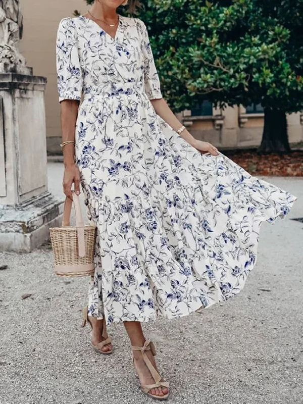Huge Discounts t-shirt dressRuched Tiered Floral Half Sleeve Dress