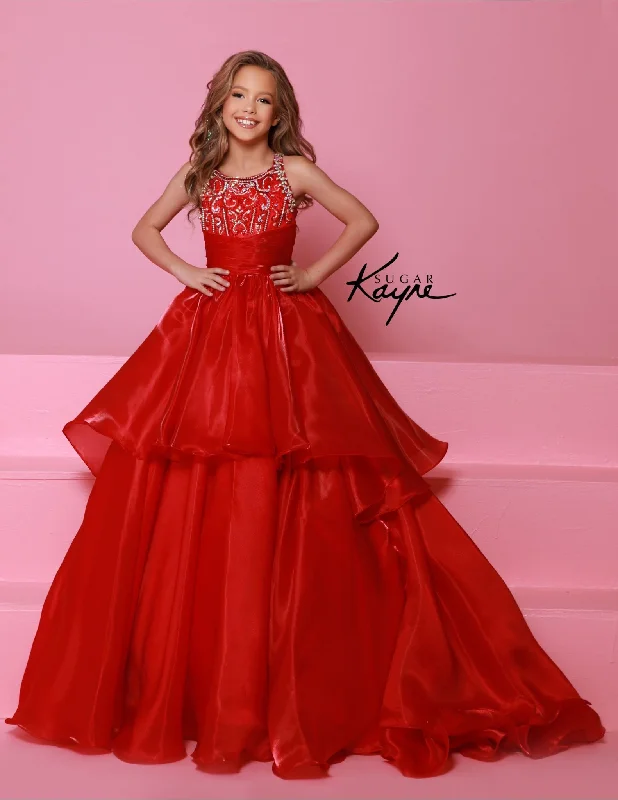 Limited Availability knit dressSugar Kayne C378 Shimmer Girls Pageant Dress A Line Layer beaded bodice train high neck