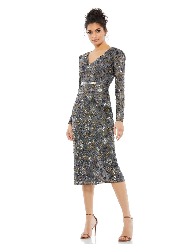 One-DAY Sale pleated dressMac Duggal 5472A Long Sleeve Sequins Midi Dress