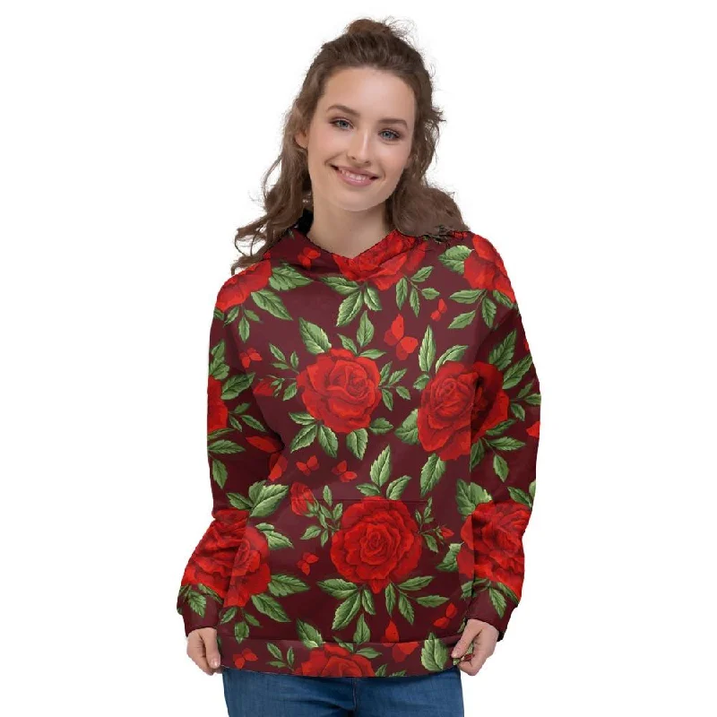Factory Direct Sale Red Rose Flower Women's Hoodie