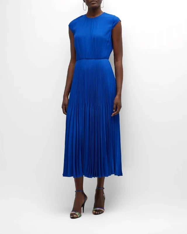Stock Clearance boho-chic dressCap-Sleeve Pleated Midi Dress In Klein Blue