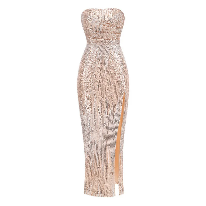 The Best Prices knit dressSparkly Sequin Strapless Ruched Bodycon High Split Maxi Evening Dress