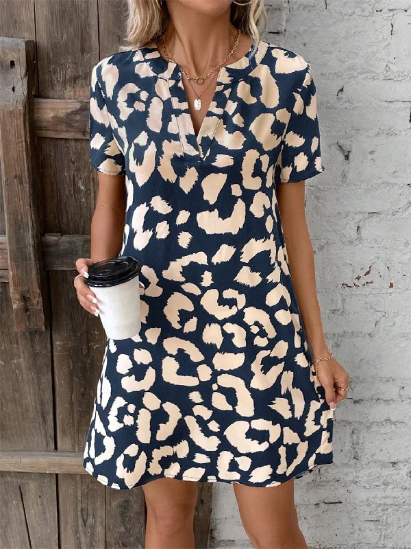 Final Clearance satin midi dressPrinted Notched Short Sleeve Mini Dress