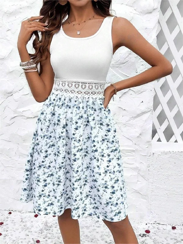 Customer Appreciation Sale long sleeve dressLace Detail Floral Round Neck Sleeveless Dress