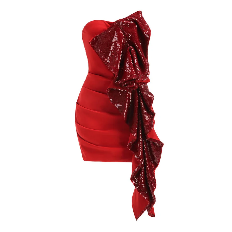 YEAR-End Clearance long sleeve dressSparkly Sequin Draped Ruffle Strapless Ruched Bodycon Mini Party Dress