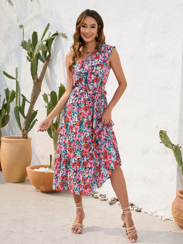 Online Only shift dressRuffled Printed One Shoulder Midi Dress