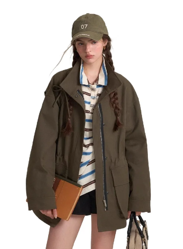 Today's Special vintage puffer jacketDrawstring Bow Double Zipper Field Jacket