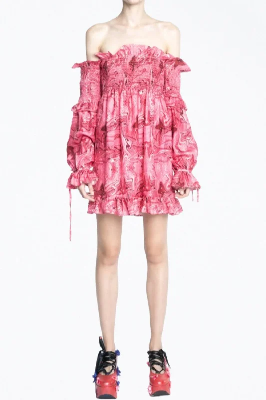 Super Sale stylish dressVenus Off-The-Shoulder Smocked Charmeuse Mini Dress In Pink