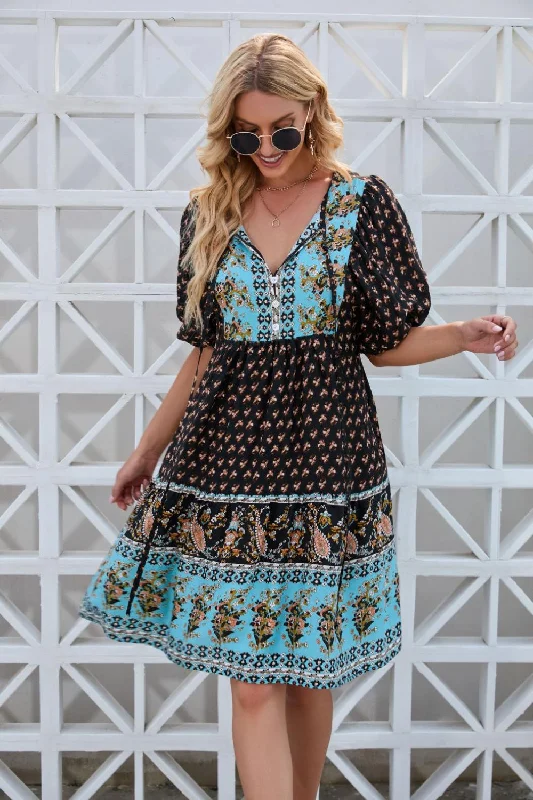 Final Markdown high-waisted dressPrinted Tie Neck Half Sleeve Dress