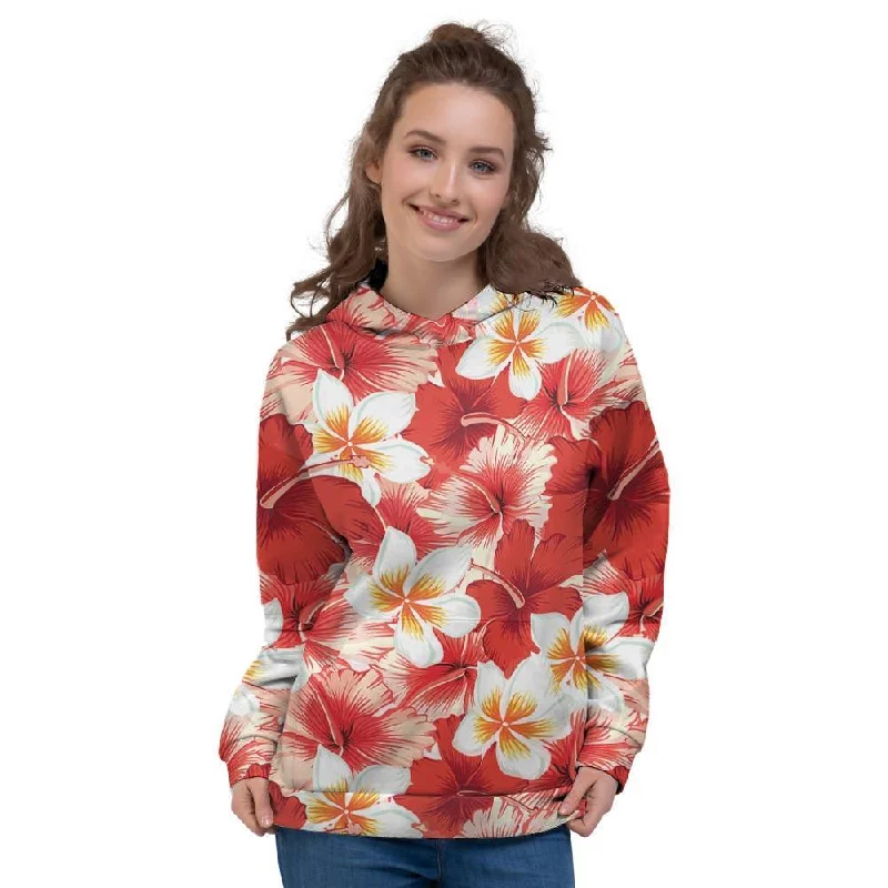 Crazy Savings Red And White Hibiscus Hawaiian Print Women's Hoodie