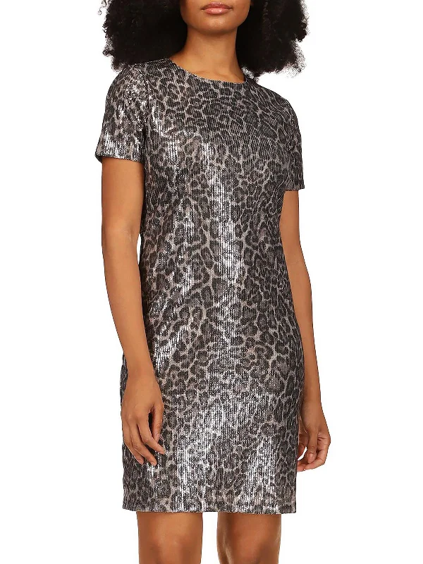 Referral Discount one-shoulder dressWomens Animal Print Sequined T-Shirt Dress