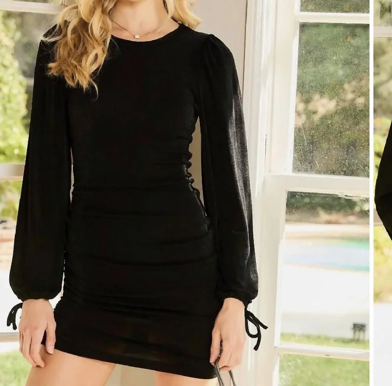 Doorbuster Deal ruched dressBubble Sleeve Side Ruched Dress In Black