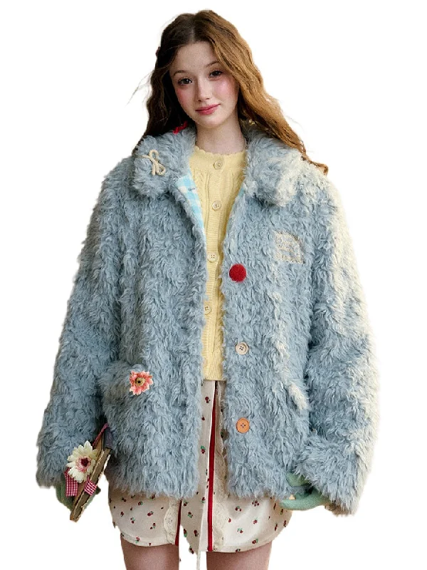 Overstock minimal style jacketCream Strawberry Gray-Blue Fur Jacket
