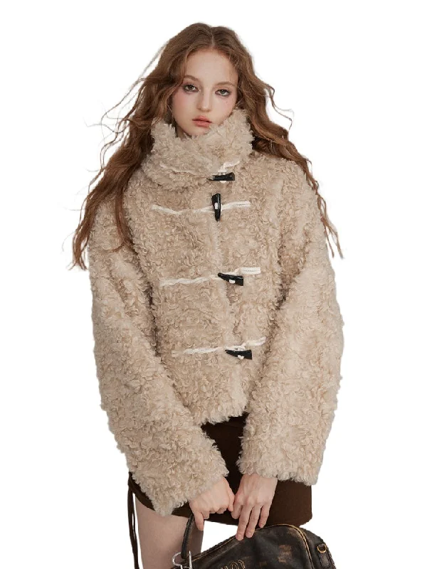 Hot Deal relaxed bomber jacketHorn Button Curly Fur Thick Short Jacket