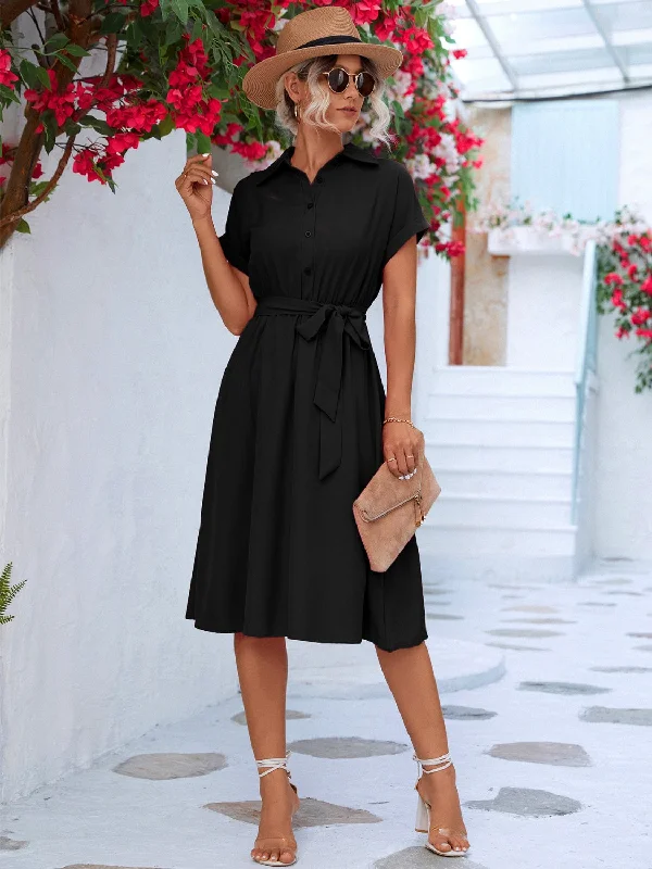 Reduced Prices A-line dressButtoned Tie Waist Short Sleeve Dress