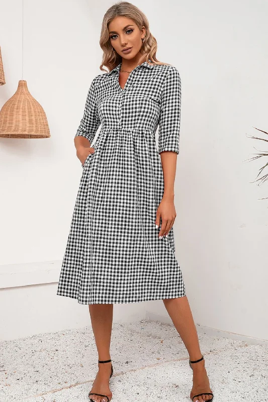 Act Fast casual knit dressPlaid Collared Neck Midi Dress