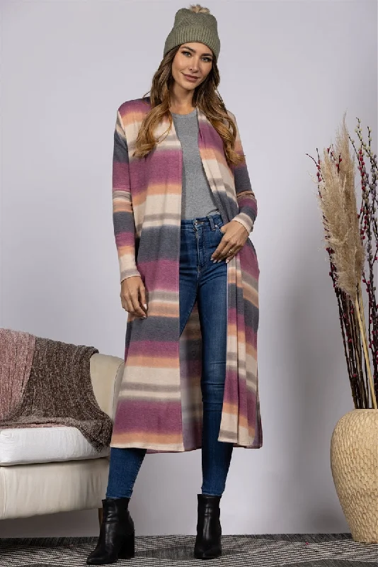 Buy More, Save More cold-weather jacketMUAVE STRIPED OPEN FRONT LONG CARDIGAN-JT8212PE Buy More, Save More cold-weather jacketMUAVE STRIPED OPEN FRONT LONG CARDIGAN-JT8212PE