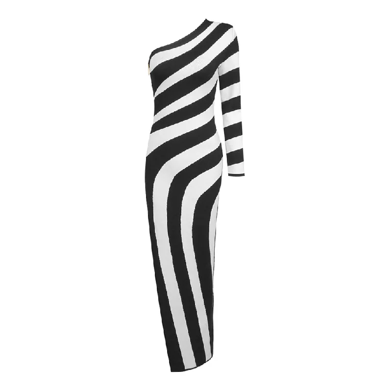 Weekend Deal ruffle dressAsymmetrical One Shoulder Striped Jacquard High Split Bandage Maxi Dress
