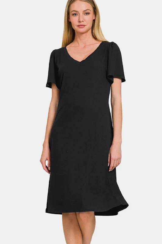 Instant Discount elegant evening dressZenana V-Neck Short Sleeve Dress