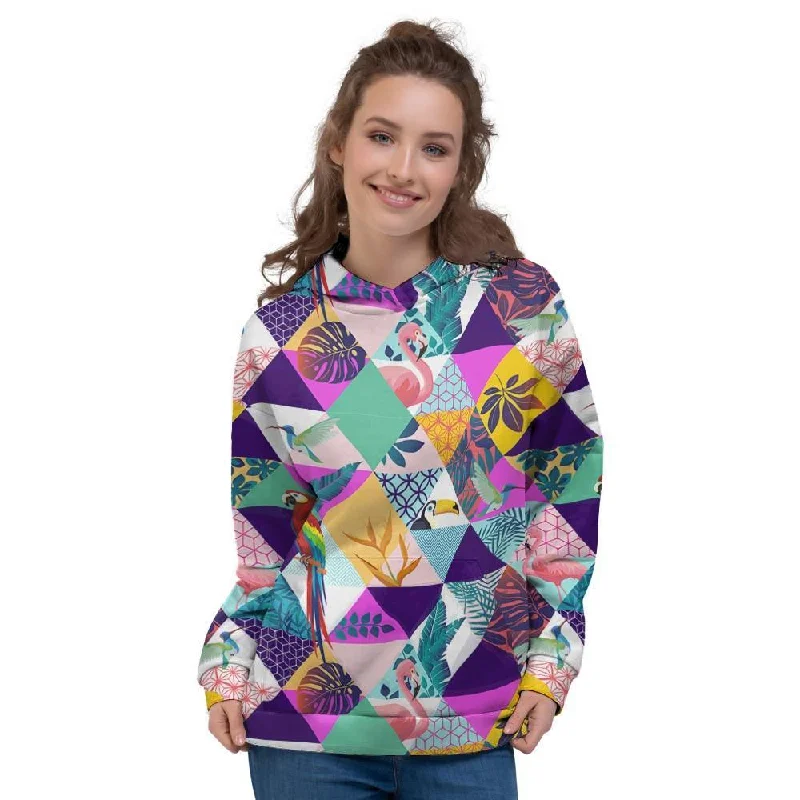 Discount Deals Patchwork Tropical Bird Print Women's Hoodie