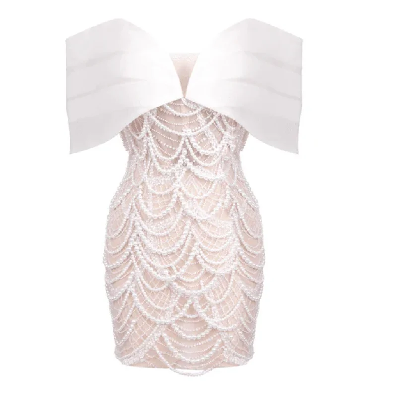 Unmissable Offer layered dressSexy Pleated Off Shoulder Pearl & Sequin Corset Mesh Mini Party Dress