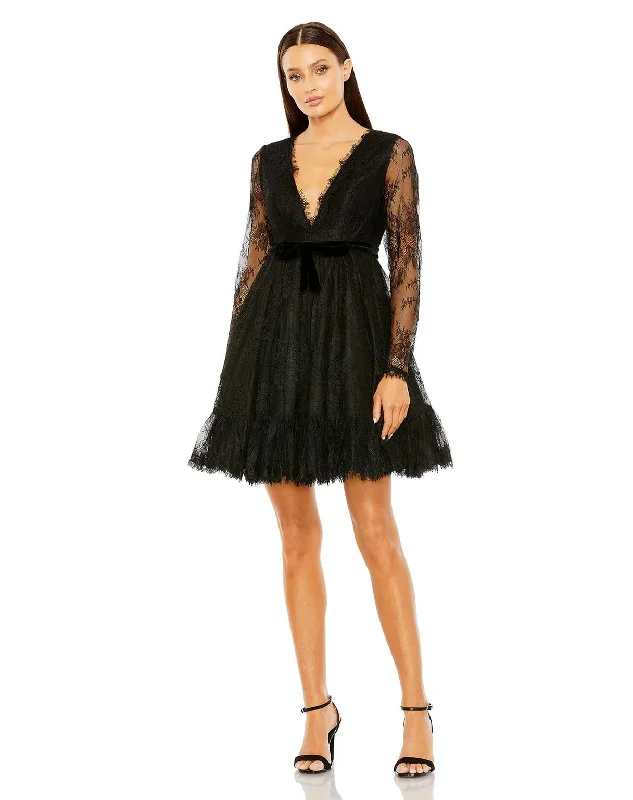Online Exclusive casual dressMac Duggal 49794 Long Sleeve Deep V Lace Babydoll Short Dress