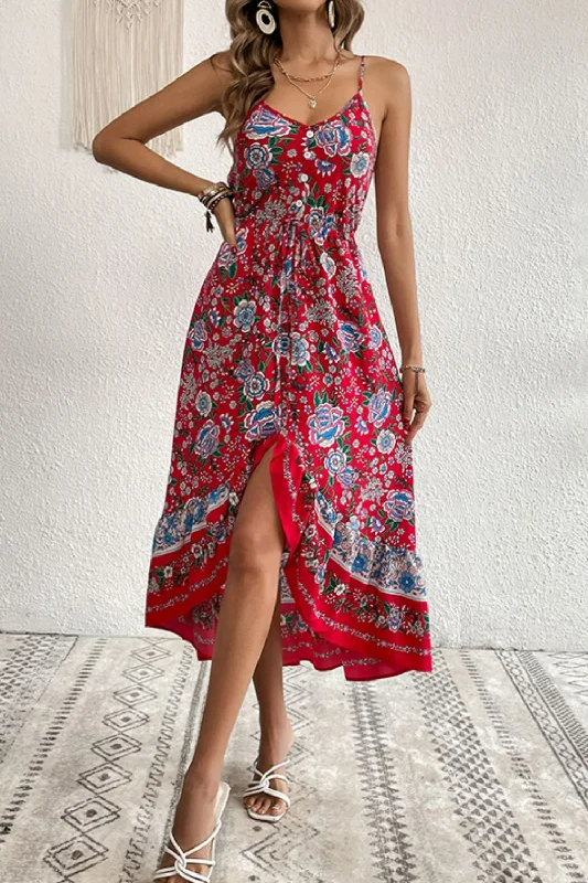 Extra Savings one-shoulder dressBohemian Decorative Button Spaghetti Strap Dress