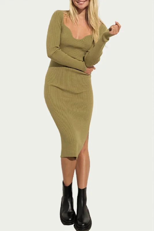 Limited Time cocktail party dressRibbed-Knit Sweetheart-Neck Midi Dress In Olive