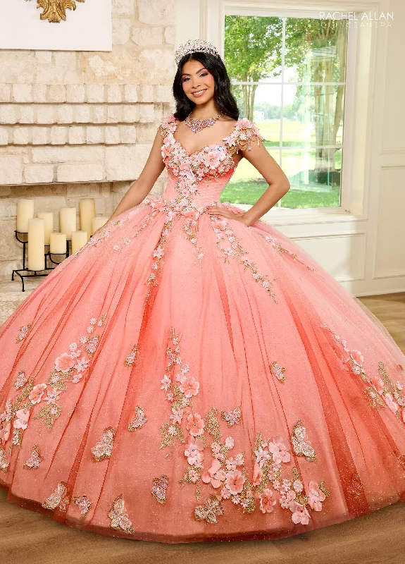 Hot Deal puff sleeve dressRachel Allan RQ3125 Ombre Quinceanera Floral Applique Ball Gown