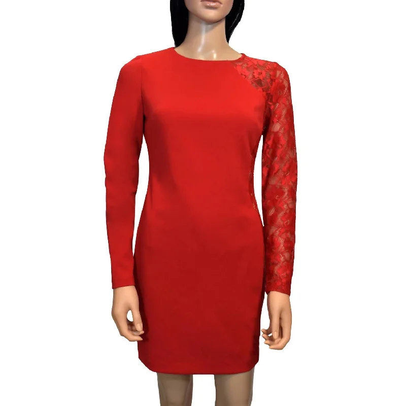 Year-End Sale flowy maxi dressLace Long Sleeves Knee Length Detailed Sheath Dress In Red