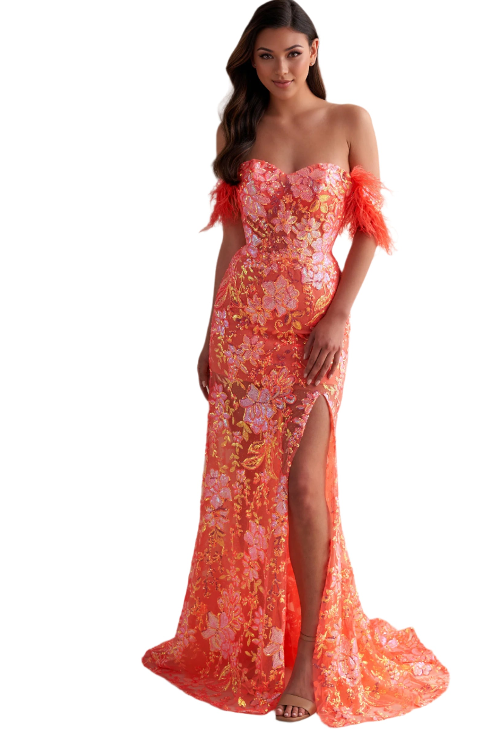 Super Sale boho dressEllie Wilde EW34034 Size 10 Coral Prom Dress Long Sheer Sequin Feather off the shoulder slit dress corset gown