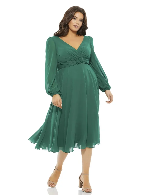 Price Blitz evening dressMac Duggal 67914 Plus Size Chiffon Bishop Sleeve Surplice Midi Dress