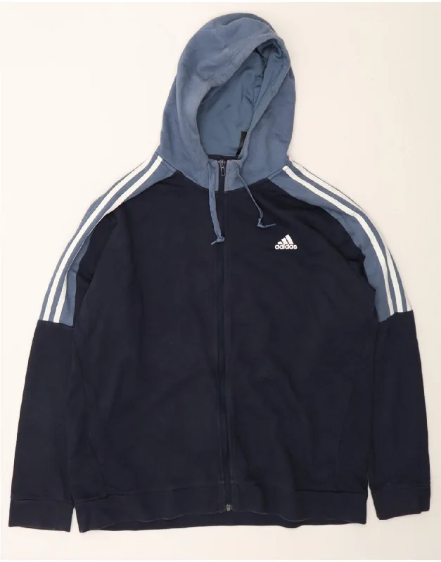 Discount Extravaganza ADIDAS Mens Zip Hoodie Sweater XL Navy Blue Colourblock Cotton