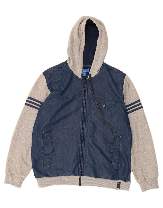 Holiday Sale ADIDAS Mens Zip Hoodie Sweater Large Navy Blue Colourblock Cotton