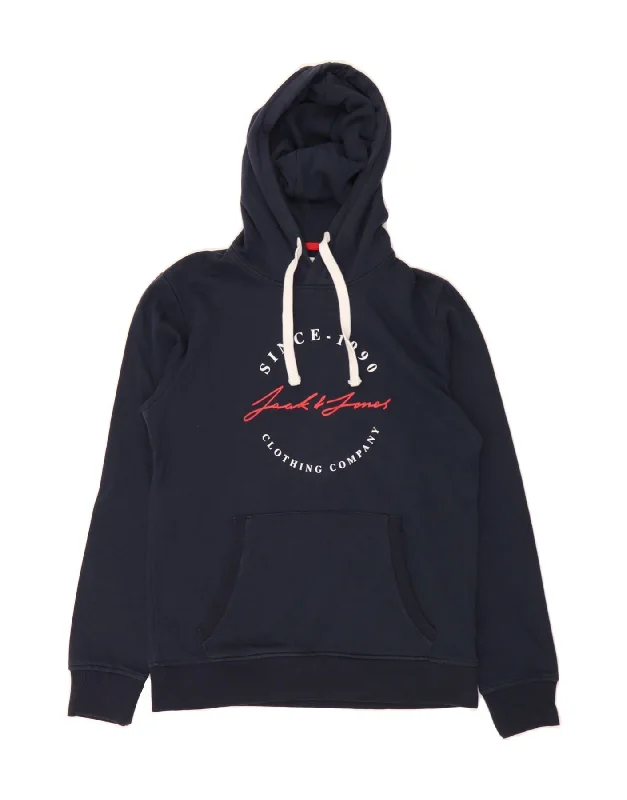 Price Drop JACK & JONES Mens Graphic Hoodie Jumper Small Navy Blue Cotton