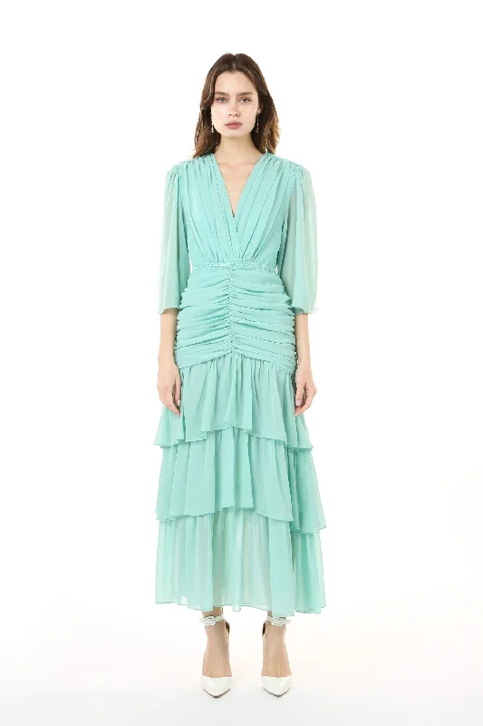 Special Discount off-the-shoulder dressV Neck Tiered Flounce Chiffon Tea Length Dress