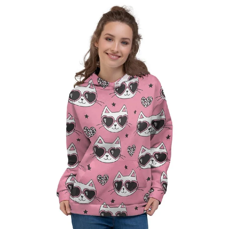 Act Now Pink Cat Print Women's Hoodie