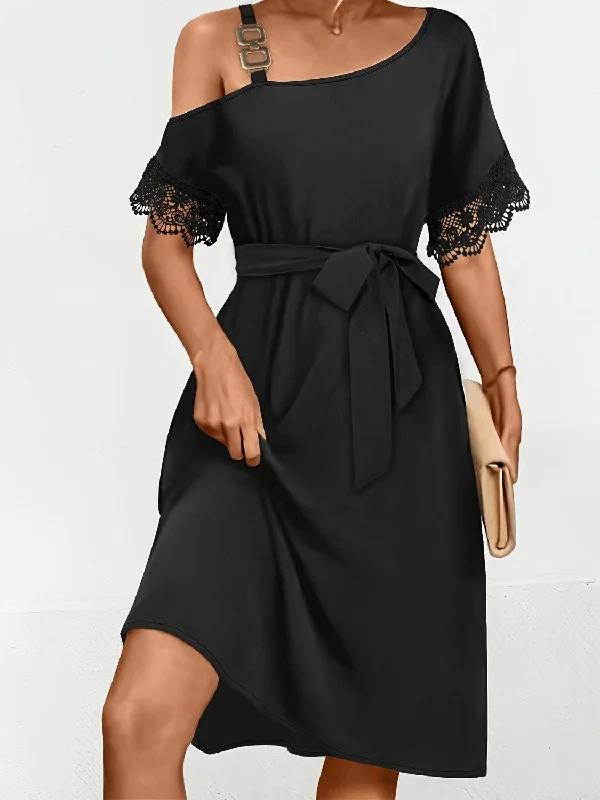 Don't Wait fitted bodycon dressLace Detail Asymmetrical Neck Short Sleeve Dress
