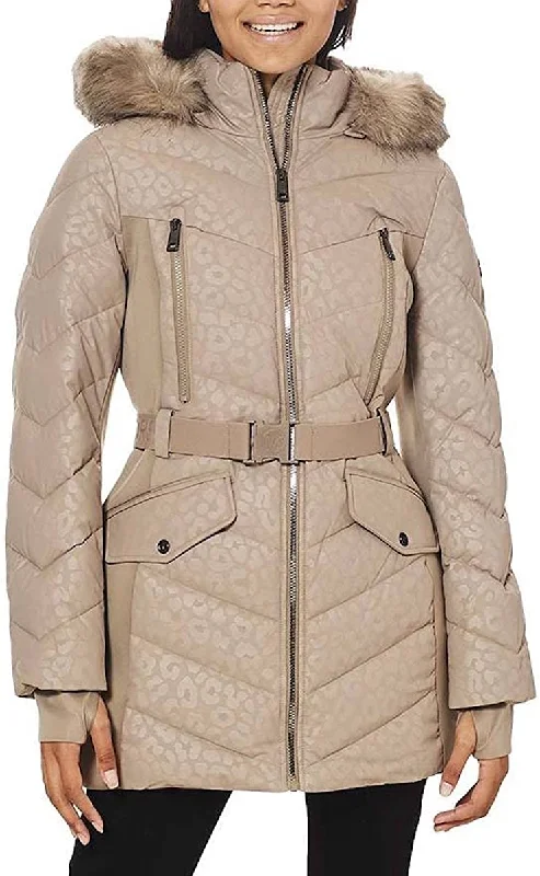 Daily Deals lightweight jacketMichael Michael Kors Women's Logo Lepaord Belted Hood Puffer Coat Taupe
