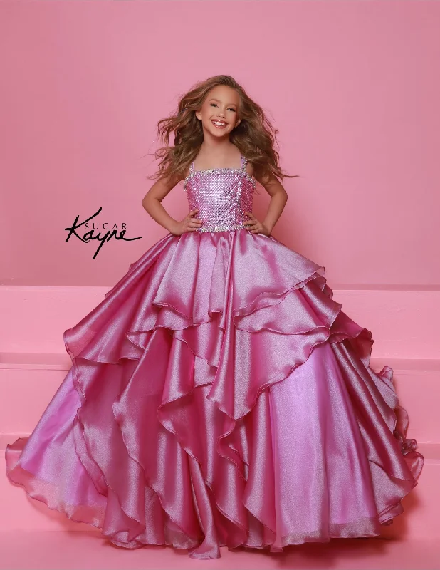 Deep Discounts satin dressSugar Kayne C383 Girls Pageant Dress Layer Ballgown Crystal Bodice Ruffle Shimmer Formal