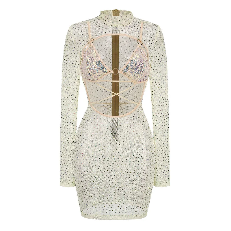 Can't Be Beat satin midi dressSexy Sequin Wrapped Bra Cutout Rhinestone Fishnet Club Mini Dress
