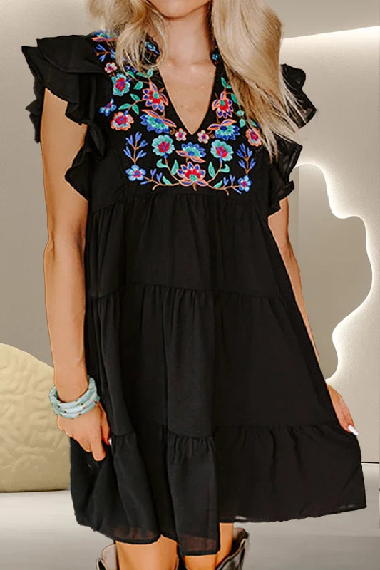 Inventory Reduction cocktail party dressEmbroidered Ruffled Cap Sleeve Mini Dress