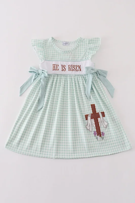 Big Discounts fitted dressEaster he is risen embroidery girl dress