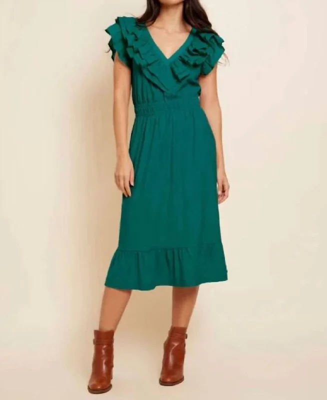 Unbeatable Prices puff sleeve dressAria Contrast Ruffle Midi Dress In Emerald